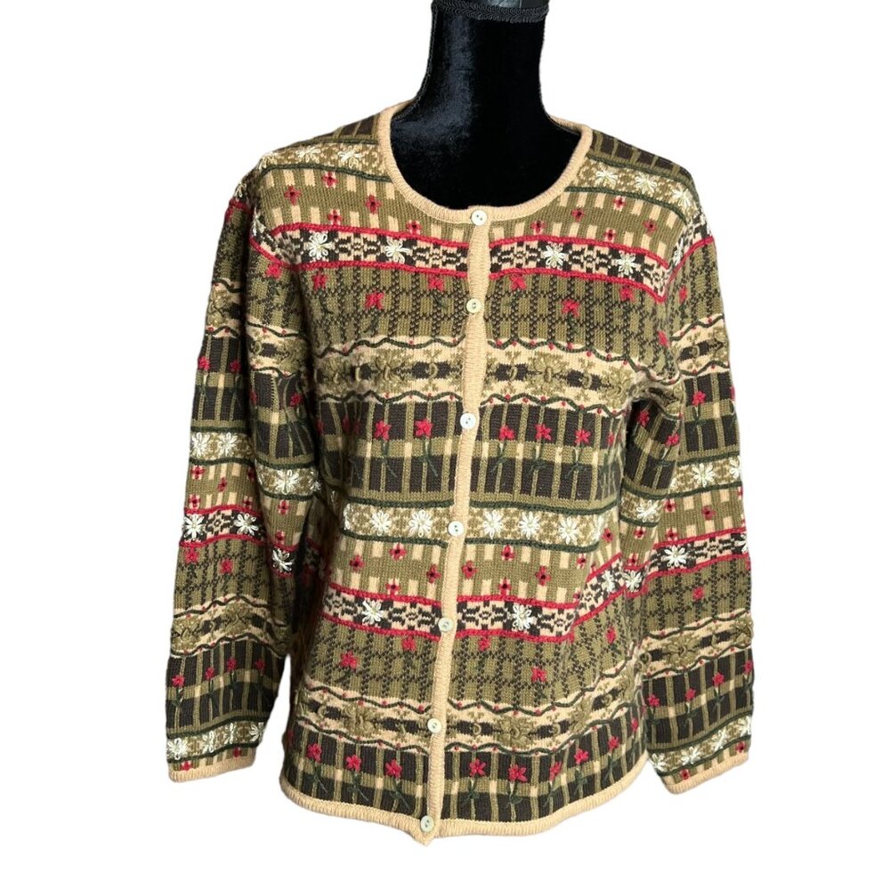 Vtg Rebecca Malone PM Wool Blend Cardigan Sweater Flowers Cottagecore Knit